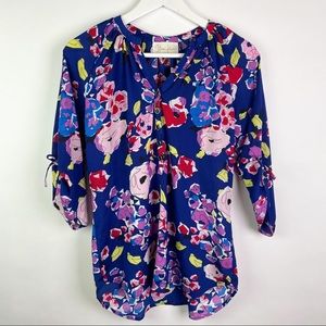 Yumi Kim Floral Shirt Tie Sleeve Blouse Blue Flowers Pink Silky Summer Spring